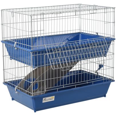  Metal 2-Tier Small Animal Cage w/Ramp Food Dish Water Bottle Deep Trays Pet Home Blue