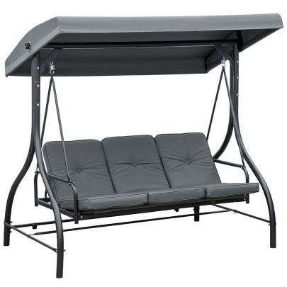 Outsunny 3 Seater Canopy Swing Chair, 2 in 1 Garden Swing Seat Bed, with Adjustable Canopy and Metal Frame, Dark Grey