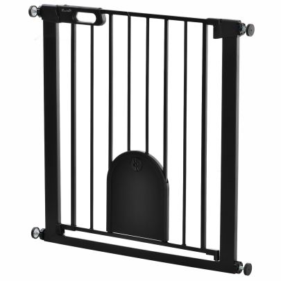  75-82 cm Pet Safety Gate Barrier, Stair Pressure Fit, w/ Small Door, Auto Close, Double Locking, for Doorways, Hallways, Black