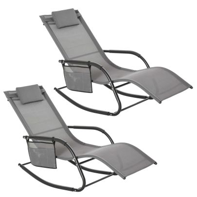 Outsunny 2PCs Outdoor Garden Rocking Chair, Patio Sun Lounger Rocker Chair with Breathable Mesh Fabric, Removable Headrest Pillow, Armrest, Side Storage Bag, Grey