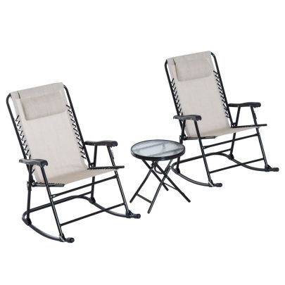 Outsunny 3 Piece Outdoor Rocking Set with 2 Folding Chairs and 1 Tempered Glass Table, Patio Bistro Set for Garden, Deck, Beige