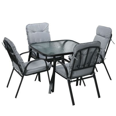 Outsunny 5 Pieces Garden Dining Set, Outdoor Square Dining Table and 4 Cushioned Armchairs, Tempered Glass Top Table w/ Umbrella Hole Black