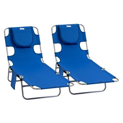 Outsunny 2 Pieces Foldable Sun Lounger with Reading Hole, Portable Sun Lounger with 5 Level Adjustable Backrest, Reclining Lounge Chair with Side Pocket, Headrest Pillow, Blue