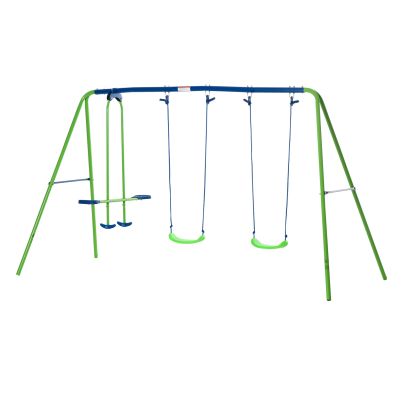 Outsunny Metal 2 Swings & Seesaw Set Height Adjustable Outdoor Play Set, Green