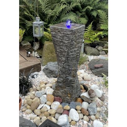 Eastern Black Limestone Twisted Fountain Chiselled All Sides (60x20x20) Solar Water Feature