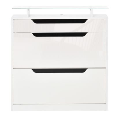  Shoe Cabinet with 3 Drawers Storage Cupboard w/ Flip Door Glass Top Gloss White