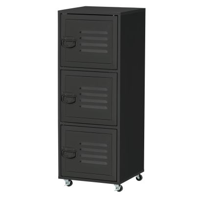 Rolling Storage Cabinet 3-Tier Mobile File Cabinet on Wheels Metal Doors Black