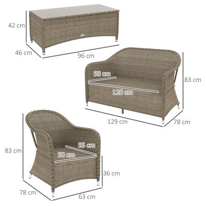 Outsunny Four Piece Rattan Sofa Set, with Glass Top Table Light Grey