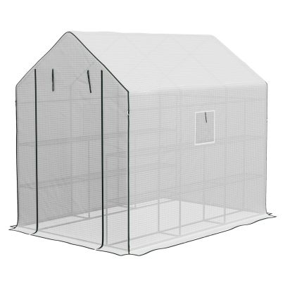 Outsunny Walk-in Greenhouse w/ 3 Tier Shelves, Green House Garden Grow House w/ PE Cover, Roll-up Door, Mesh Windows, 140 x 213 x 190cm, White