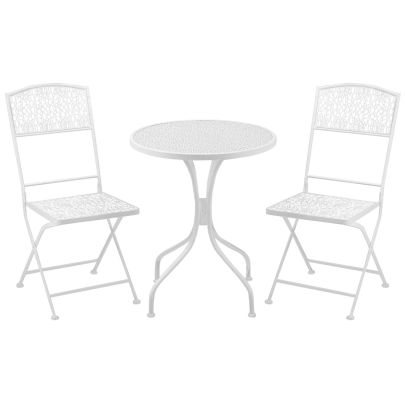 Outsunny Garden Bistro Set for 2 with Folding Chairs and Round Table, Metal Balcony Furniture for Outdoor Indoor Use, White