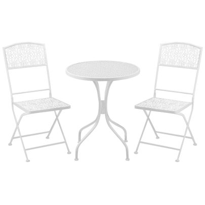 Outsunny Garden Bistro Set for 2 with Folding Chairs and Round Table, Metal Balcony Furniture for Outdoor Indoor Use, White