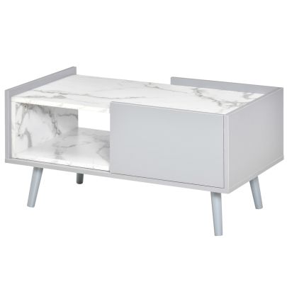  Modern Coffee Table with Marble Texture, Drawer, Open Compartment Wood Legs for Living Room, Grey and White