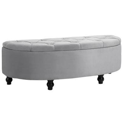  Semi-Circle Storage Ottoman Bench Tufted Upholstered Accent Seat Footrest Stool with Rubberwood Legs for Entryway & Bedroom, Grey