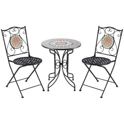 Outsunny 3 Piece Garden Bistro Set, Folding Patio Chairs and Mosaic Round Tabletop for Outdoor, Metal, Balcony, Poolside, Light Blue