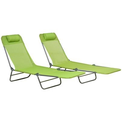 Outsunny Folding Sun Lounger Set of 2, Outdoor Day Beds with Pillow, Reclining Back, Steel Frame and Breathable Mesh for Beach, Yard, Patio, Green