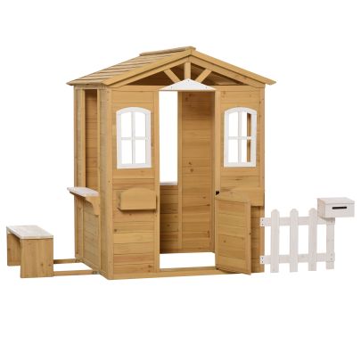  Wooden Outdoor Playhouse w/ Door Windows Bench Accessories for Kids Children