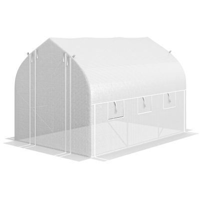 Outsunny 3 x 2m Walk-in Polytunnel Greenhouse, Zipped Roll Up Sidewalls, Mesh Door, Mesh Windows, Tunnel Warm House Tent w/ PE Cover, White