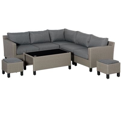 Outsunny 7-Seater PE Rattan Sofa Set Wicker Garden Furniture Patio Conservatory Corner Sofa, w/ Tempered Glass Coffee Table & Cushions, Grey