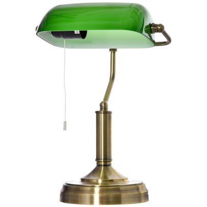  Banker's Table Lamp w/ Antique Bronze Base, Green Glass Shade, Pull Rope Switch