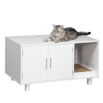  Indoor Feline Cat Box Furniture Kitty Table w/ Scratch & Magnetic Doors, White