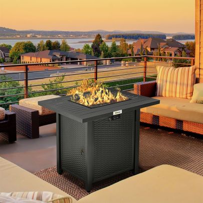 Outsunny Rattan-style Propane Gas Fire Pit Table with 50,000 BTU Burner, Square Smokeless Firepit Patio Heater with Thermocouple, Waterproof Cover