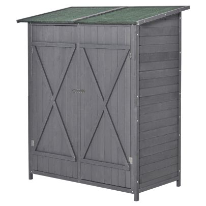  Garden Wood Storage Shed w/ Storage Table, Asphalt Roof, Double Door, Grey