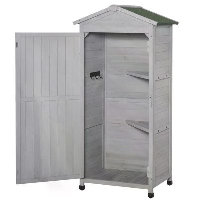Outsunny Wooden Garden Cabinet 3-Tier Storage Shed 2 Shelves Lockable Organizer with Hooks Foot Pad 74 x 55 x 155cm Light Grey