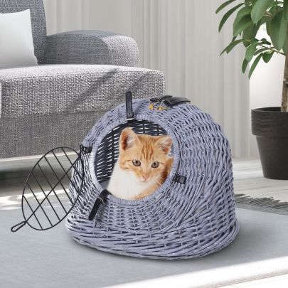  Cats Wicker Travel Carrier Basket w/ Plush Cushion Grey