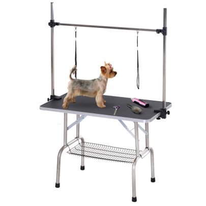  Dog Grooming Table Dogs Adjustable Height Rubber Top Dog Baths Safety Slings Mesh Storage Basket Metal Black