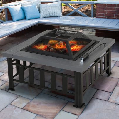  Square Metal Fire Pit With Waterproof Cover-Black/Grey