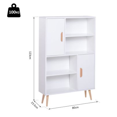  Free Standing Bookcase Shelves W/ Two Doors, 80L x 23.5W x 123Hcm-White