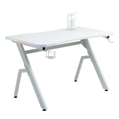  Gaming Desk Racing Style Ergonomic Computer Table Workstation with RGB LED Lights, Hook, Cup Holder, Controller Rack & Cable Management - White