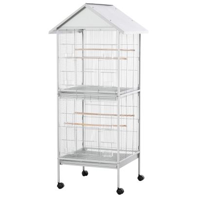  170cm Metal Bird Cage Parrot Cage Mobile Feeder with Rolling Stand Perches Food Containers Doors Wheels White