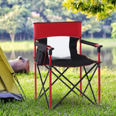  Metal Frame Sponge Padded Folding Camping Chair w/ Pockets Red