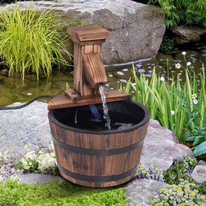  Fir Wood Barrel Pump Fountain W/ Flower Planter, Φ27x37H cm 