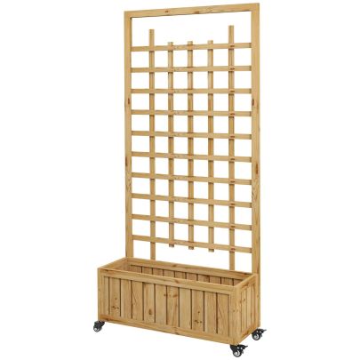 Outsunny Wooden Trellis Planter, Raised Garden Bed with Wheels and Bed Liner, to Climb and Grow Vegetables, Herbs and Flowers