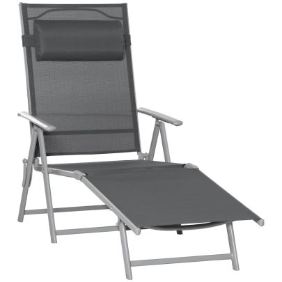Outsunny Outdoor Folding Chaise Lounge Chair Recliner with Portable Design & 7 Adjustable Backrest Positions ? Steel Fabric Sun Lounger- Dark Grey