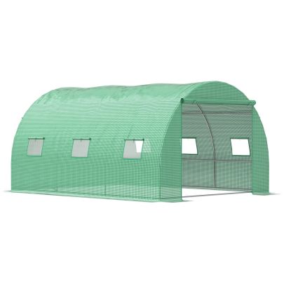 Outsunny Walk-In Polytunnel Greenhouse, Outdoor Garden Greenhouse with PE Cover, Zippered Roll Up Door and 6 Windows, 4 x 3 x 2 m, Green