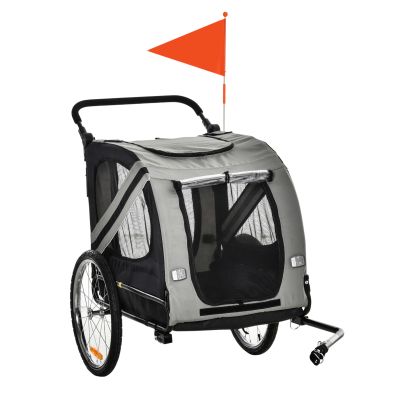  2-In-1 Pet Bike Trailer Dog Stroller Pushchair with Universal Wheel Reflector Flag Grey