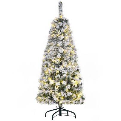 HOMCOM 4FT Prelit Snow Flocked Christmas Tree w/ Light, Indoor Home Xmas Decoration