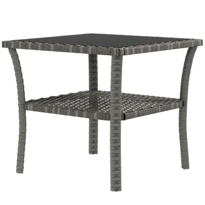 Outsunny 50cm Outdoor PE Rattan Coffee Table, Patio Wicker Two-tier Side Table with Glass Top, for Patio, Garden, Balcony, Grey