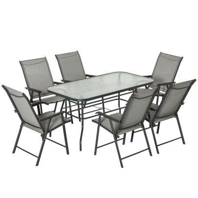 Outsunny Garden Patio Outdoor 7pcs Classic Outdoor Steel Frames Dining Set w/ 6 Folding Chairs, Glass Top Table, Texteline Seats,Black & Grey Cushion
