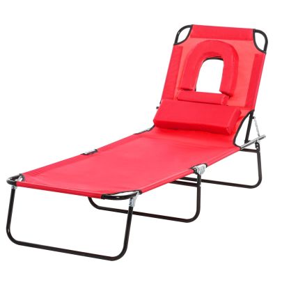 Outsunny Foldable Outdoor Sun Lounger Adjustable Backrest Reclining Chair with Pillow and Reading Hole Garden Beach, Red