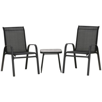Outsunny 3 Pieces Outdoot Bistro Set, Patio Stackable Armchairs with Breathable Mesh Fabric and PSC Board Coffee Table, Black