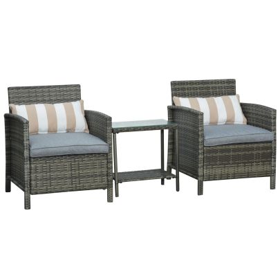 Outsunny Garden Rattan Furniture 3 Pieces Patio Bistro Set Wicker Weave Conservatory Sofa Chair & Table Set with Cushion Pillow - Grey