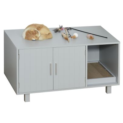  Indoor Feline Cat Box Furniture Kitty Table w/ Scratch & Magnetic Doors, Grey