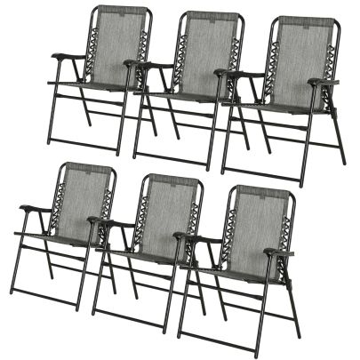Outsunny Set of 6 Patio Folding Chair Set, Garden Portable Outdoor Chairs with Armrest and Breathable Mesh Fabric Seat and Backrest, for Camping, Beach, Deck, Lawn, Grey