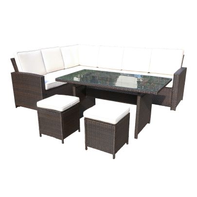 Berlin Quad Weave Budget Rattan 7 Seater Corner Dining Set With Rectangle Table In Brown