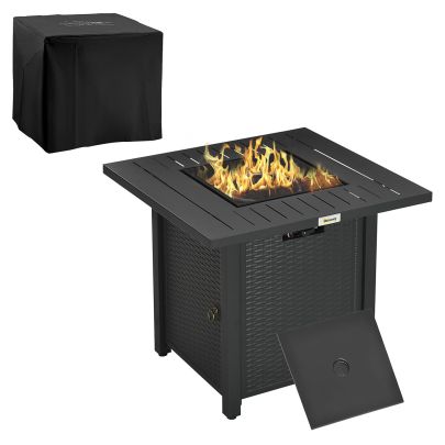 Outsunny Rattan-style Propane Gas Fire Pit Table with 50,000 BTU Burner, Square Smokeless Firepit Patio Heater with Thermocouple, Waterproof Cover