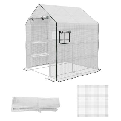 Outsunny Greenhouse Cover Replacement Walk-in PE Hot House Cover with Roll-up Door and Windows, 140 x 143 x 190cm, White